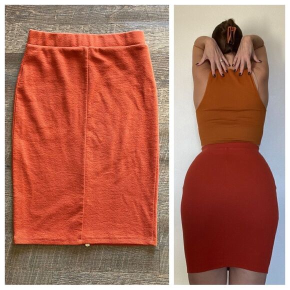 Forever 21 Ribbed Skirt Orange Gold Double Zipper Small Stretchy - Picture 6 of 9